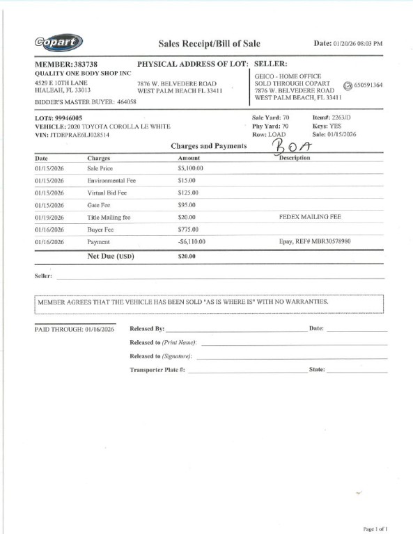 2020 Toyota Corolla Image 1