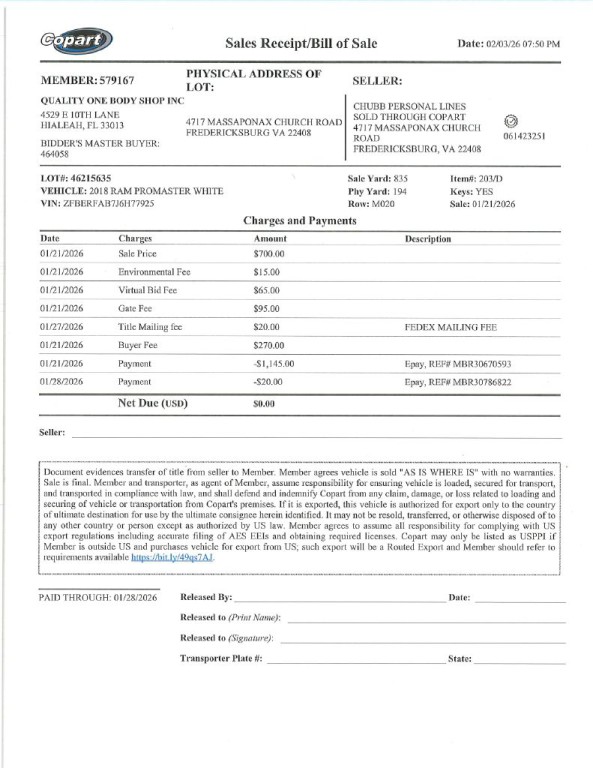 2018 RAM Promaster Image 1