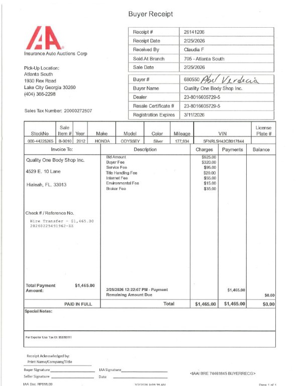 2012 Honda Odyssey Image 1