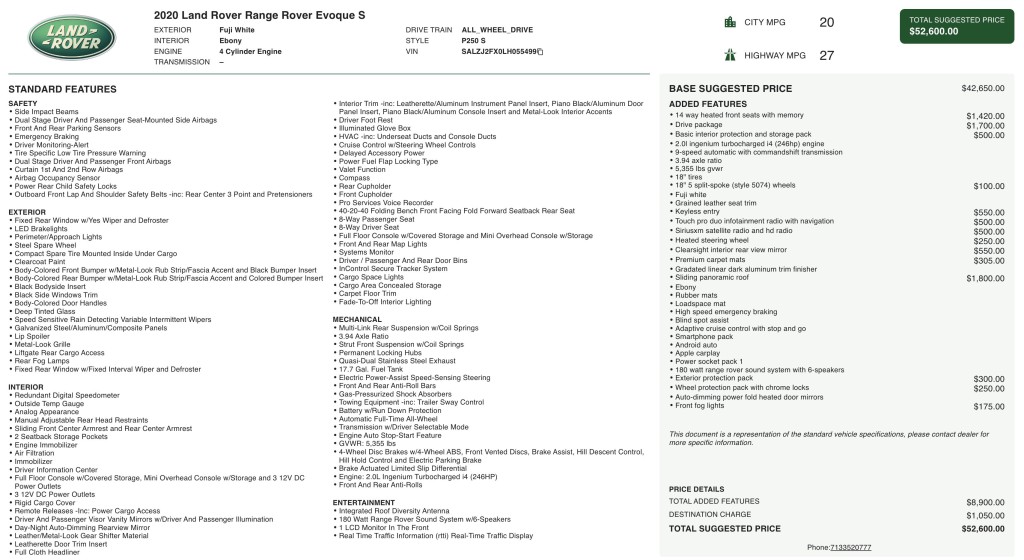 2020 Land Rover Range Rover Evoque Image 3